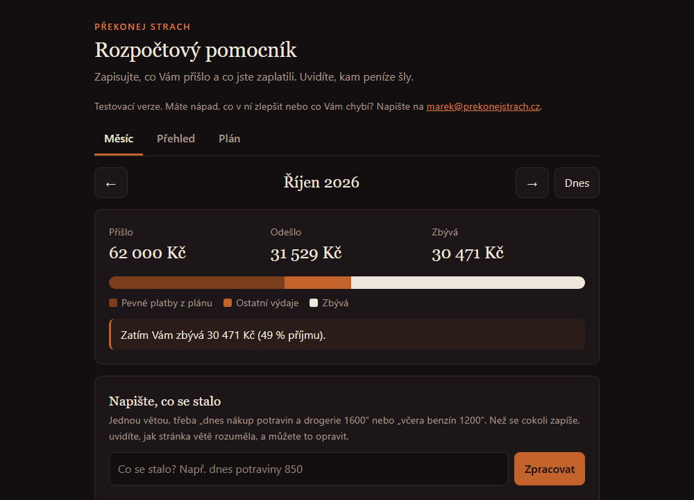 Ukázka rozpočtového pomocníka s příkladovými čísly: kolik přišlo, kolik odešlo a kolik zbývá